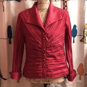 VINTAGE RAFAEL HOT PINK SATIN CRINKLE FAUX PEARL BUTTON FRONT BLOUSE SIZE 8